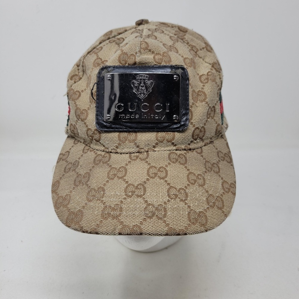 Gucci Hat Cap Strap Back Beige GG Monogram Plate Canvas Mens One Size Italy